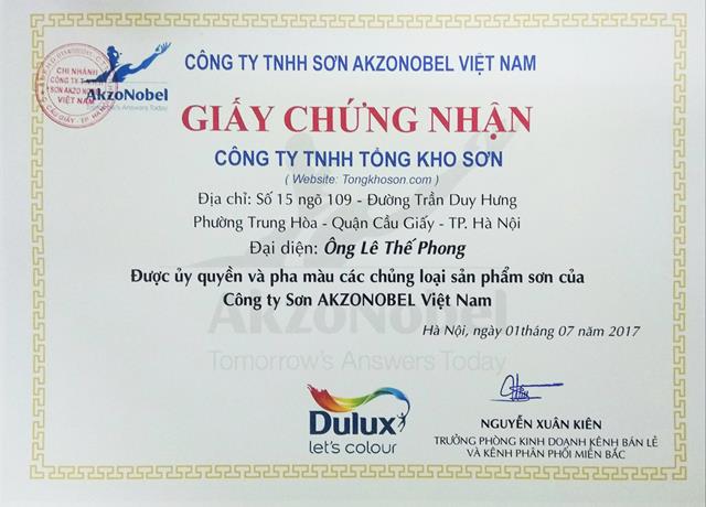 Chứng nhận sơn Dulux - Công Ty Trách Nhiệm Hữu Hạn Tổng Kho Sơn